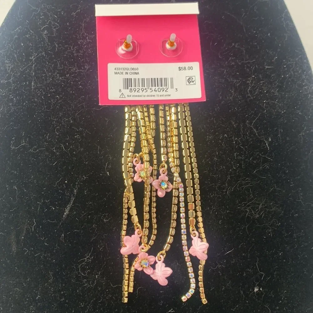 Betsey Johnson floral stone linear fringe earrings NWT - Picture 6 of 8